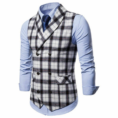 

Plus Size Men Formal Dress Vest Double Breasted Plaids Checks Waistcoats Costume