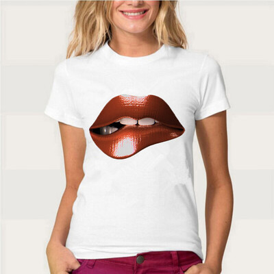 

Roseonmyhand Women Print Sexy Red Lips Round Neck Short Sleeved White T-shirt Blouse