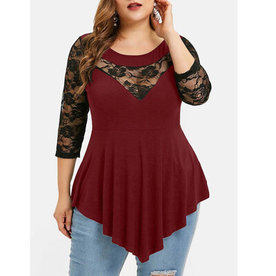 

Roseonmyhand Plus Size Women Solid Floral Lace O-Neck Asymmetric Three Quarter Tops Blouse