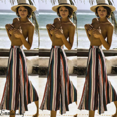 

Women Elastic Waist Split Skirt Ladies Casual Sexy Stripe High Waist Sun Dress