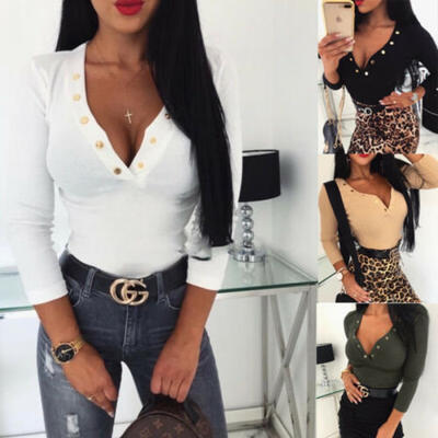 

US Stock Womens Sexy Long Sleeve V-neck Blouse Tops Casual Jumper Ladies T Shirt