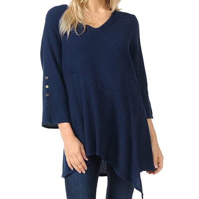 

Nomeni Women Button Nine-point Sleeve Irregular Casual Solid Color T-Shirt Blouse Top
