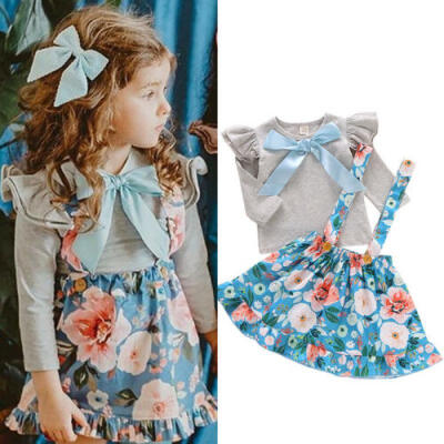 

Toddler Kids Baby Girl Dress Outfits Floral T Shirt Tops Suspender Skirt Suits