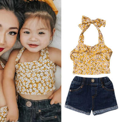 

Summer Toddler Kid Baby Girl Clothes Floral Halter Tops Denim Shorts Outfits Set