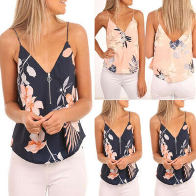 

Women V-Neck Sleeveless Zip Front Floral Tank Top T-Shirt Blouse Loose Mini Tops