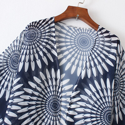 

Women Summer Vintage Cardigan Geometry Print Kimono Beach Cover Up Bikini Outwear Dark Blue