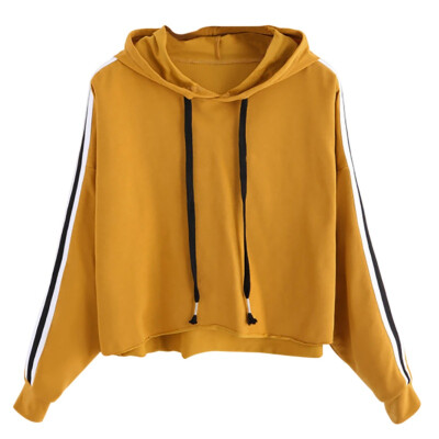 

Hooded Drawstring Sweatshirt Striped Sleeve Crop Hoodies Women Burgundy Casual Tracksuit Autumn Sportswear Pullover Sweatshirts