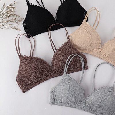 

Honey Pig bra thin section no steel ring simple lace sexy beauty back gathering girl underwear small chest bra no trace smooth thin cup W5063 brown 85A
