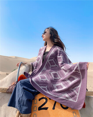 

2019 Amazon hot womens new big geometric rhombus shawl imitation cashmere travel split shawl cloak