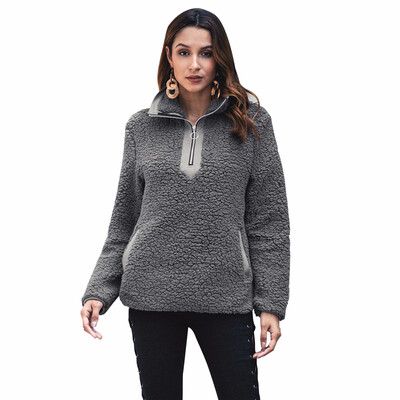 

Faux Fur Fluffy Autumn Winter Casual Women Sweatshirts Grey Long Sleeve Womens Stand collar zipper Pullovers