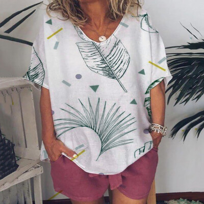 

Nomeni Womens Loose Leisure Printed V-collar Short Sleeve T-shirt in Summer