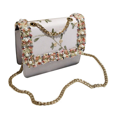 

Fashion Women Lace Flower Faux Pearl Leather Flap Chain Crossbody Shoulder Bag