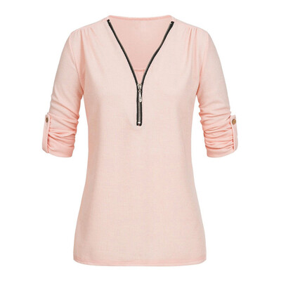 

Nomeni Womens Casual Tops Shirt Ladies V Neck Zipper Loose T-shirt Blouse Tee Top