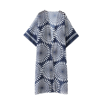 

Women Summer Vintage Cardigan Geometry Print Kimono Beach Cover Up Bikini Outwear Dark Blue