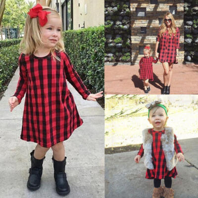 

UK Stock Kid Baby Girls Red Checked Long Sleeve Party Pageant Tutu Dress Clothes