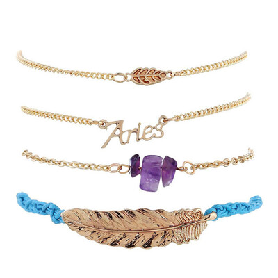 

4 PcsSet Gold Color Leaf Cuff Bangle Set For Women Open Adjustable Bracelet Jewelry Accessories