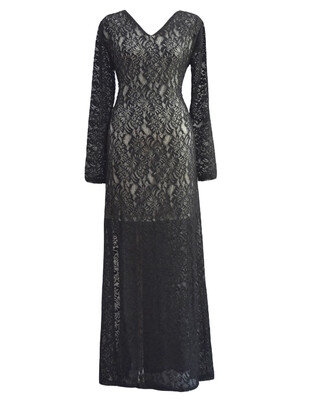 

Women Plus Size Lace Maxi Dress V-Neck Full Sleeve Lined Evening Party Solid Long Dress