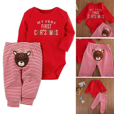 

Christmas Newborn Baby Boys Girls Clothes Romper Striped Pants Deer Outfits Set