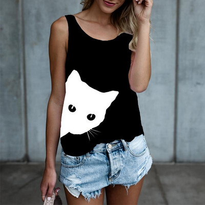 

New Fashion Women Tank Top Cute Cat Print Sleeveless Summer Autumn Vest Casual Tee Tops BlackWhiteGrey