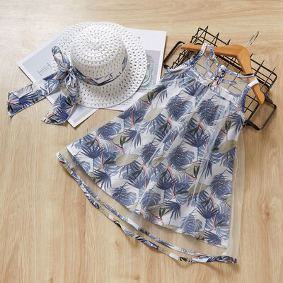 

Child Kids Baby Girls Floral Prints Feather Leaf Sleeveless Grenadine Dress Cap