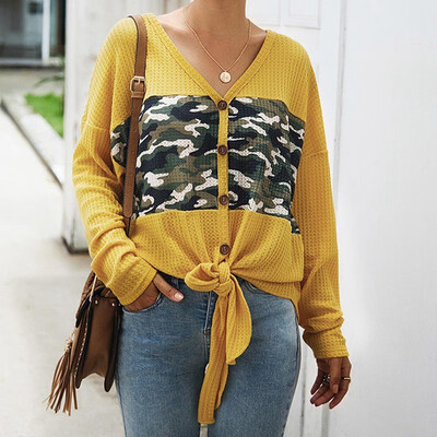 

2019 Autumn Winter Women Fashion Temperament Camouflage Printin Button V-neck Long sleeve Lacing Casual Top