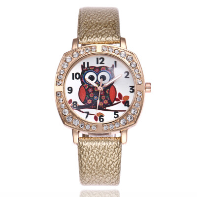 

Lady cute owl cartoon watch square dial with diamonds English table