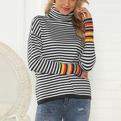 

〖Follure〗Women Turtleneck Pullover long Sleeve Stripe Patchwork Knitted Sweater Tops