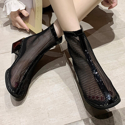 

Rose Womens Ankle Bare Round Toe Mesh Front Zipper Boots Square Heel Short Booties