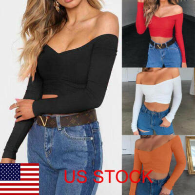 

USA Women Summer Off Shoulder Tank Top Vest Blouse Long Sleeve Crop Tops Shirts