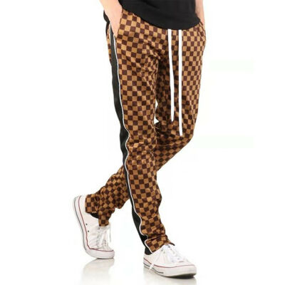 

New Gym Mens Trousers Plaid Tracksuit Bottoms Skinny Joggers Sweat Track Pants
