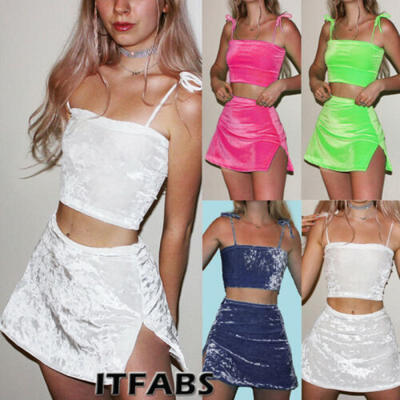 

Womens Sexy Sleeveless Crop Tops Skirt Casual Club Mini Bodycon Dress 2pcs US