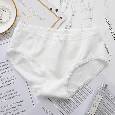 

Women Solid Color Cotton Panties Mid Rise Bowknot Lace Trim Breathable Briefs Underwear Lingerie