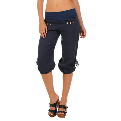 

Tailored Women Summer Elastic Waist Boho Check Pockets Pants Baggy Wide Leg Yoga Capris