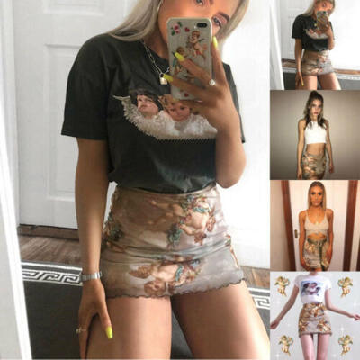 

Women See through Mesh Mini Skirt Lady High Waist Printed Bodycon Pencil Dress