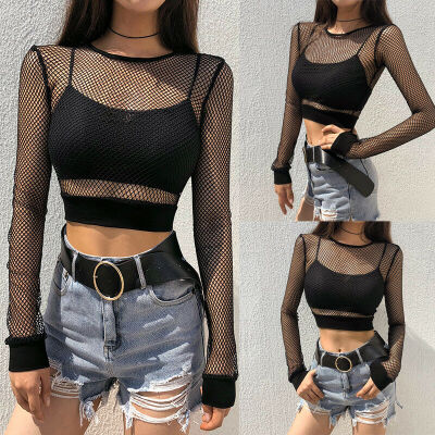 

HOT Women Sexy Long Sleeve Perspective Mesh Fishnet Crop Bodysuit Tops T-Shirt