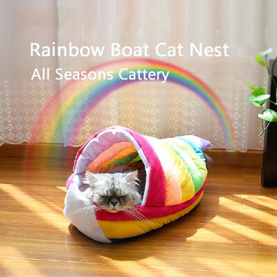 

Beautiful Rainbow Boat Cat Bed Nest Soft Short Plush Kitten House All Seasons Cattery for Cats Kittens Small Dogs