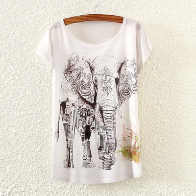 

Vintage Fashion Summer Women Short Sleeve Elephant Print T Shirt Tops Tee