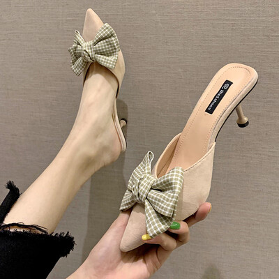 

2019 new Baotou Korean version of half slippers pointed high heel slippers women summer wear bow loafers Mueller shoes