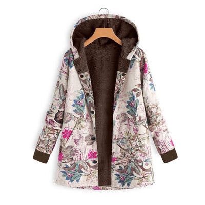 

Toponeto Womens Winter Warm Outwear Floral Print Hooded Pockets Vintage Oversize Coats
