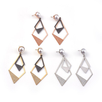 

304 Stainless Steel Ear Studs with Plastic Imitation Pearl Beads Rhombus Mixed Color 685mm Pendant 563x283x15mm Pin 0