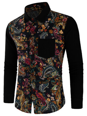 

Paisley Print Patchwork Long Sleeve Shirt