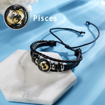 

12 Constellations Punk Leather Zodiac Sign Beads Bangle Bracelets For Women Men Jewelry Travel Bracelets Holiday Gift