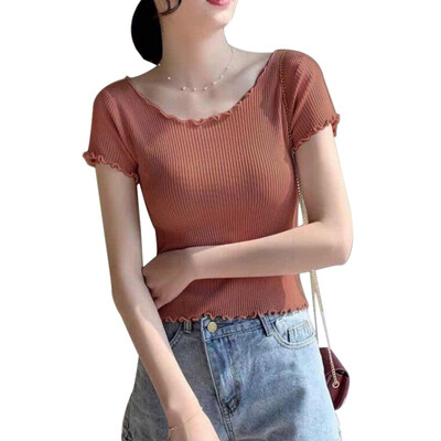 

Tops Wood ears Woman O neck Short sleeve T-shirt Vintage Slim Fit t shirt tight tee Summer Tops 6 colors