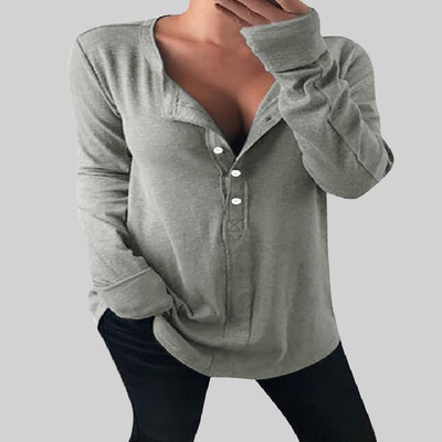 

Comfy V-neck Long Sleeves Buttons Solid Tee
