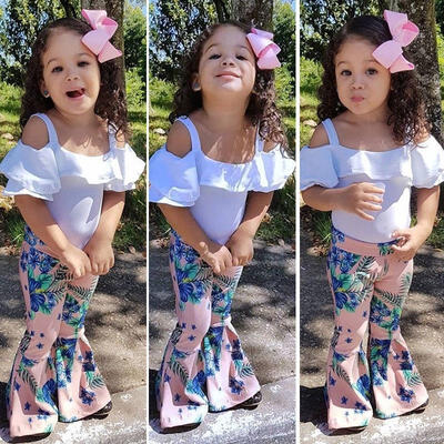 

Fashion Toddler Girls Off Shoulder T-shirt TopsFloral Flare Pants Clothes Set 2pcs