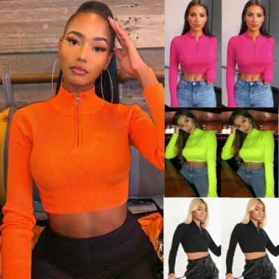 

Women Sexy Long Sleeve Zipper Turtleneck Crop Tops Casual Autumn Slim Fit Tops Solid Color T-shirt Blouse Tee