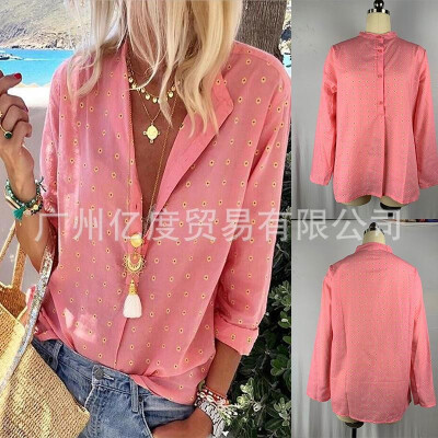 

2019 new wish Amazon ebay explosion models Europe&the United States printed long-sleeved V-neck shirt shirt Pink