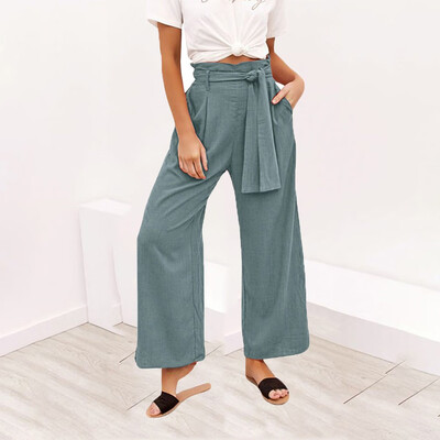 

Starmoon Women Solid Casual Belt High Waisted Loose Wide Leg Pants Yoga Long Trousers