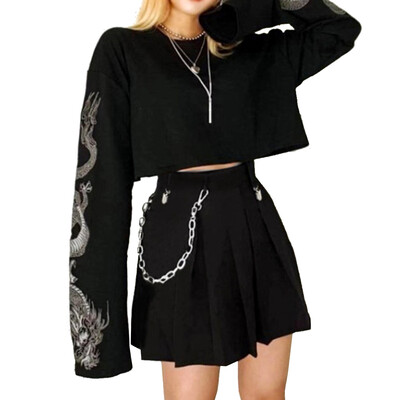 

Women Gothic Dragon Embroidered Long Sleeve Crop Tops Short Skirt Dress Set