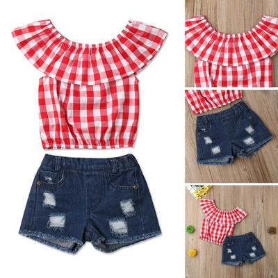 

2PCS Toddler Kids Baby Girls Ruffle Tops Denim Pants Summer Outfits Clothes